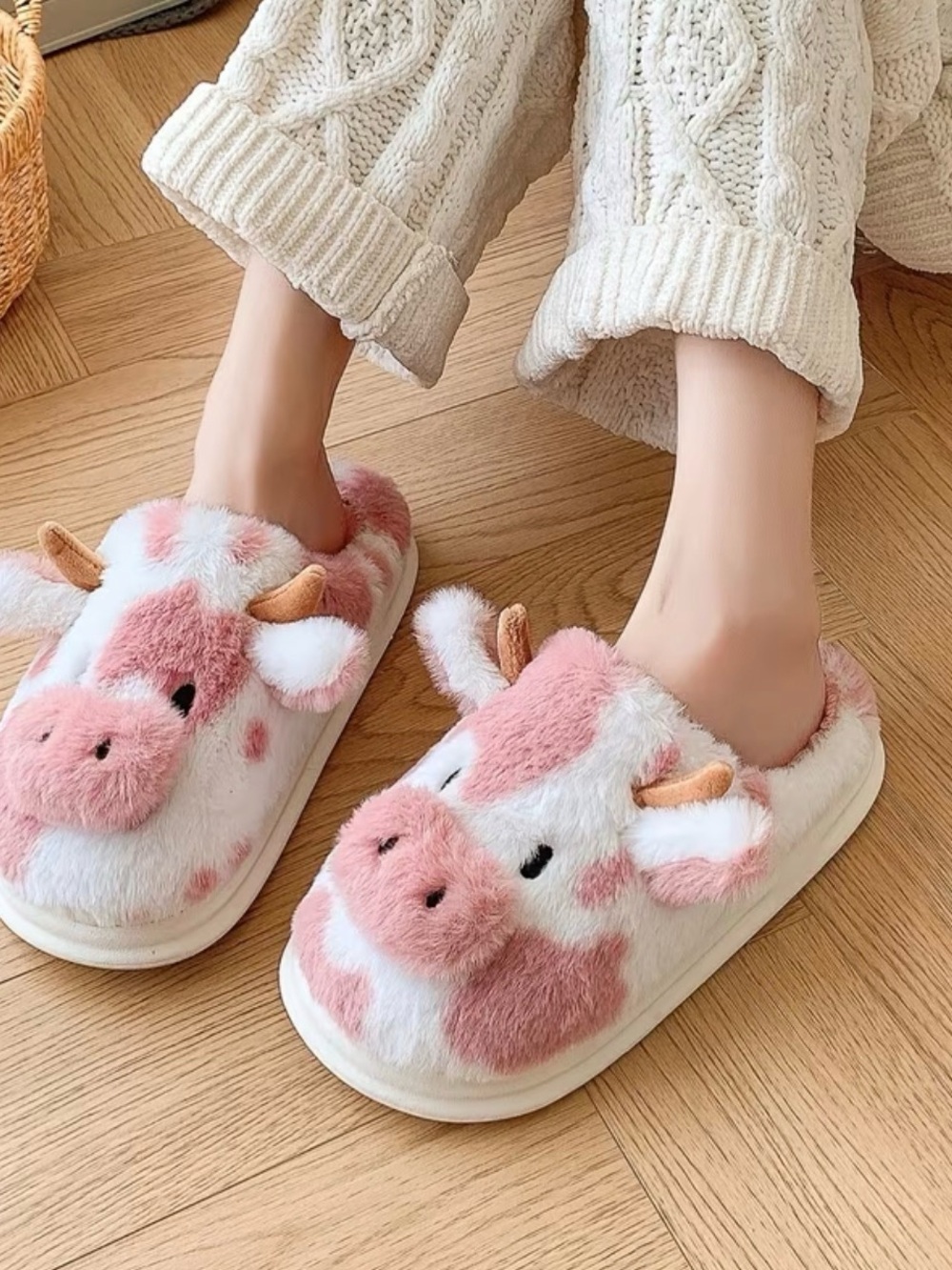 Plush Pink & White Cow Slippers New Boutique - Picture 2 of 4
